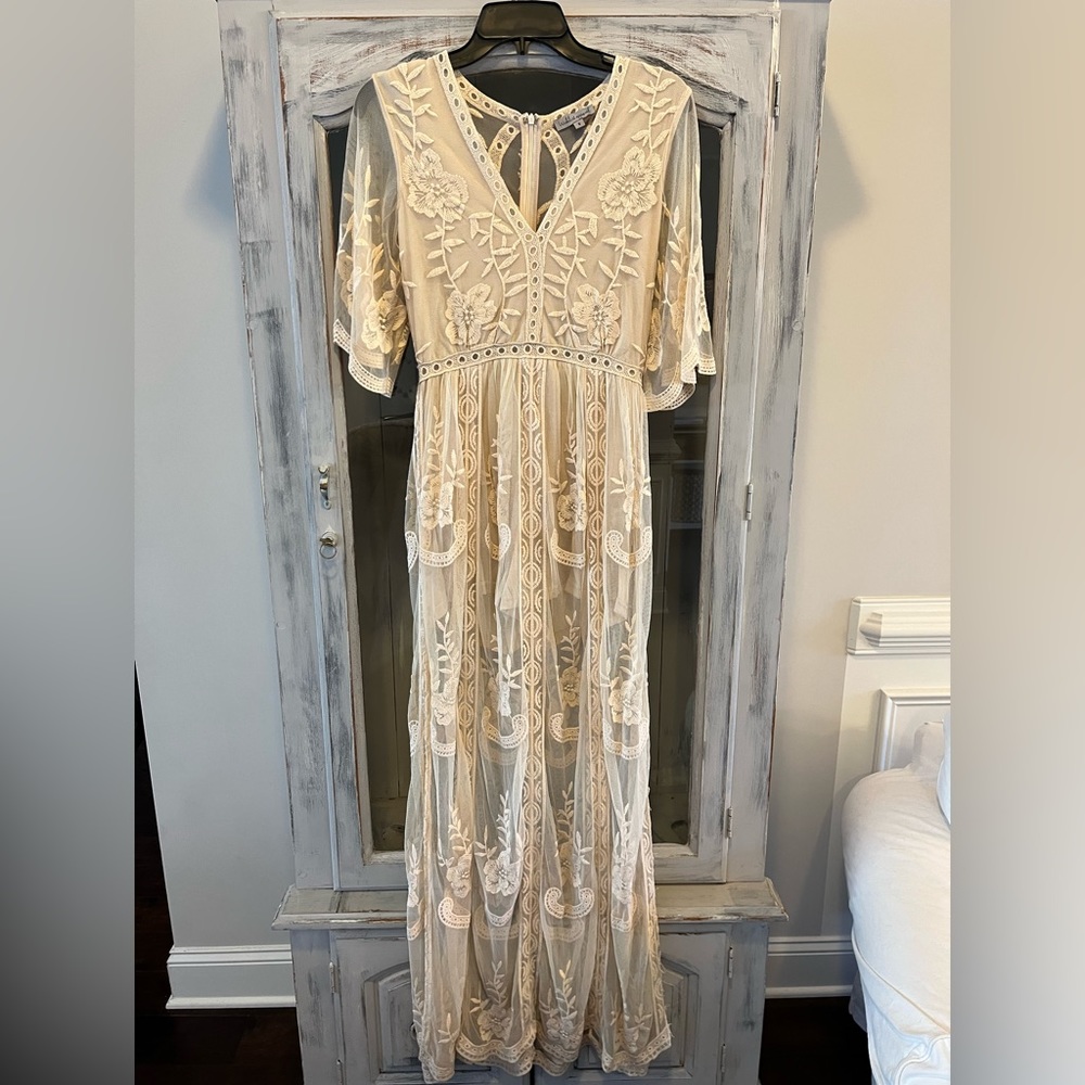 Ivory lace maxi dress with side slits